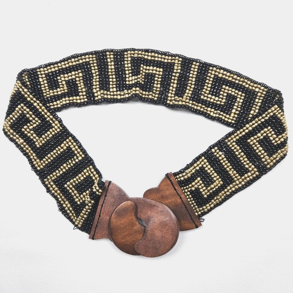 Vintage Handmade Beaded Wide Cinch Belt Black Gold Wood Buckle Boho Y2K - Picture 1 of 5